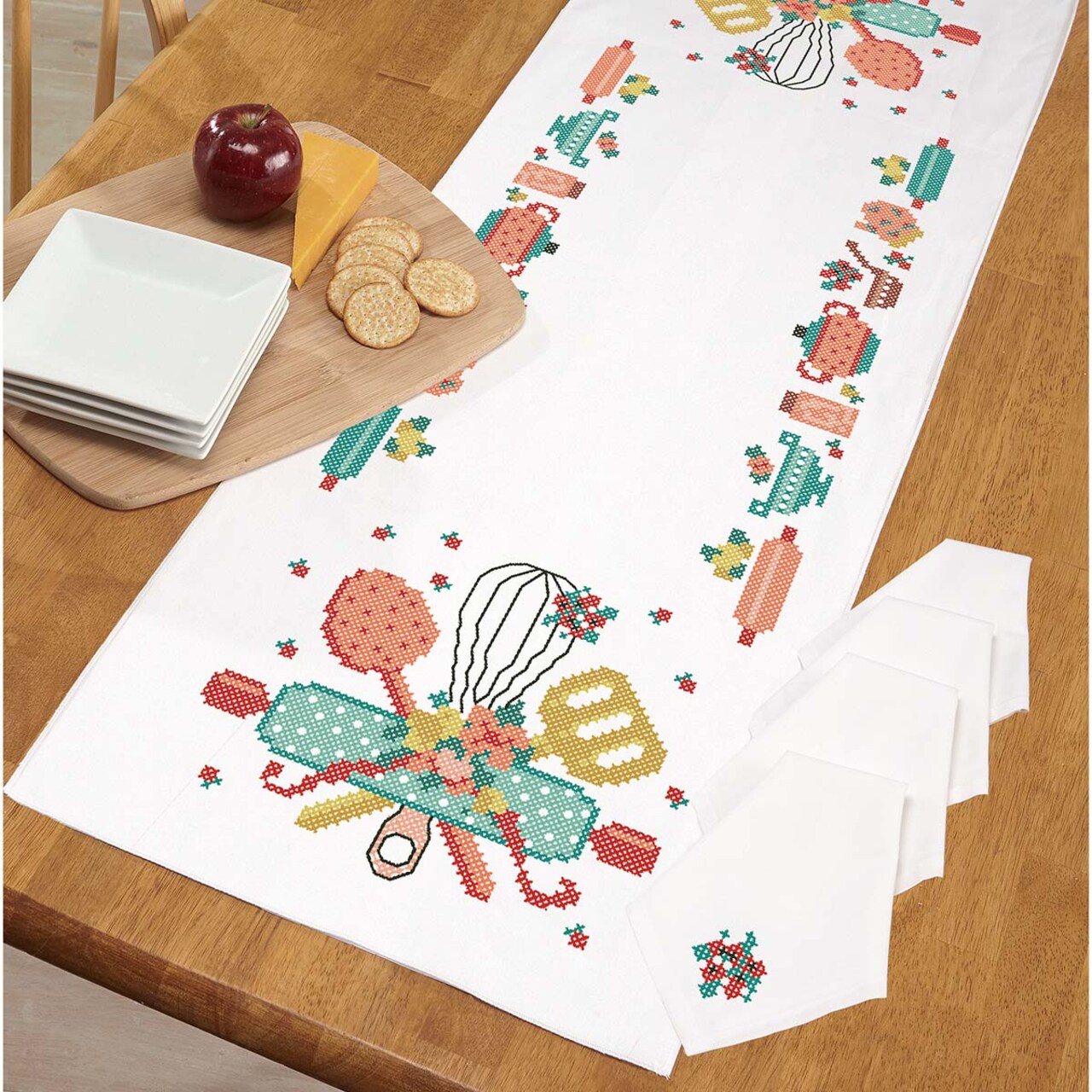 Herrschners Floral Farmhouse Table Runner & Napkin Stamped Cross-Stitch